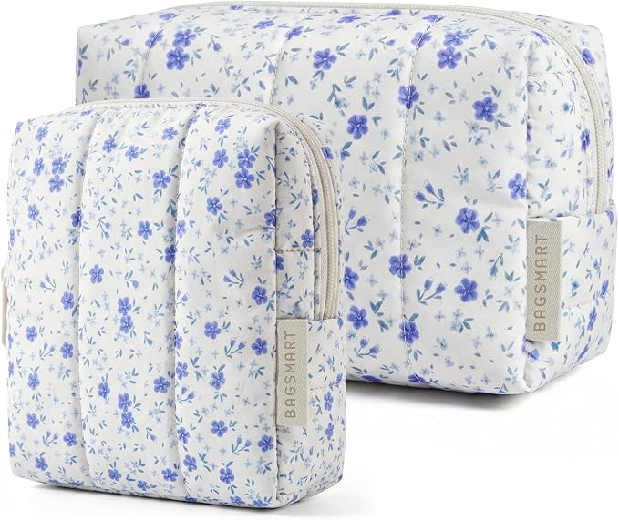 BAGSMART Puffy Makeup Bag Duo Large & Small for Women, Blue Ditsy Floral | Puffy Padded, Travel Cosmetic Organizer with Slip-in Pockets, Large Toiletry Bag & Small Purse Pouch, Travel Essentials