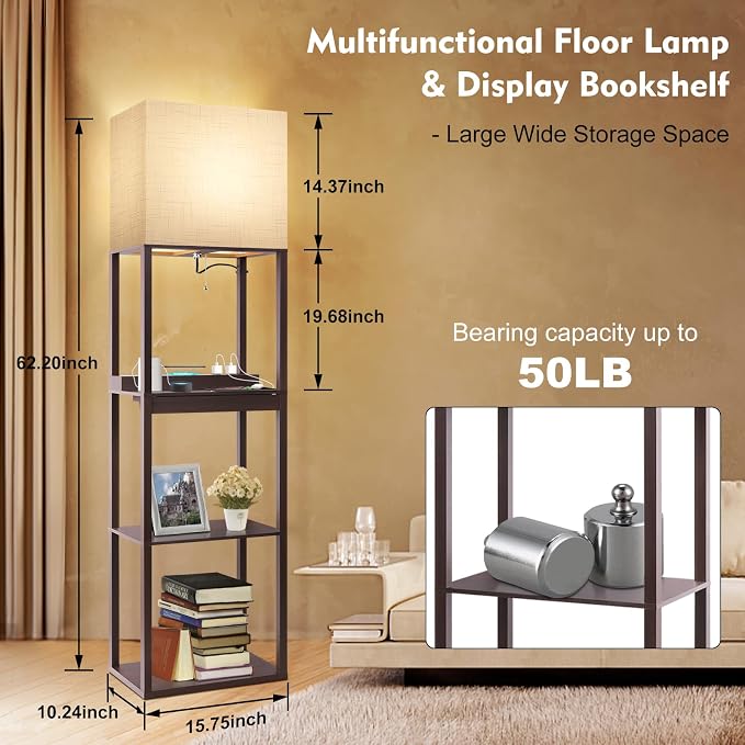 RUNTOP Floor Lamp with Shelves, Modern Standing Lamp with Wireless Charger, 1 Drawer and 2 USB Ports & 2 Power Outlet, 15W LED Bulb 3 Colors, Memory Function, Shelf Lamp for Living Room and Bedroom