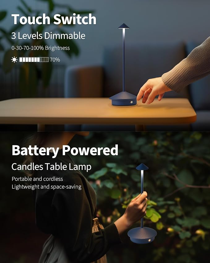 Modern Cordless Table Lamp Set of 2, Portable LED Desk Lamps, 4000mAh Rechargeable Battery Operated Lighting for Bedroom Dining Room Restaurant Coffee Shop Outdoor Camping Night Light (Blue)