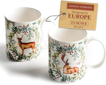 Maison d' Hermine Coffee Mug with Handles Tea Cups (15 Ounce, Pack of 2) | Fine Bone China Coffee Mugs for Hot Beverages Cappuccino Latte Home Restaurant Hotel Spring Summer -Holly Time