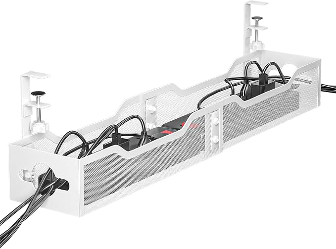 Under Desk Cable Management Tray White, Litwaro Cable Management Under Desk No Drill, 25'' Cable Tray with Clamp for Wire Management, Cord Organizer for Office, Home - No Damage to Table