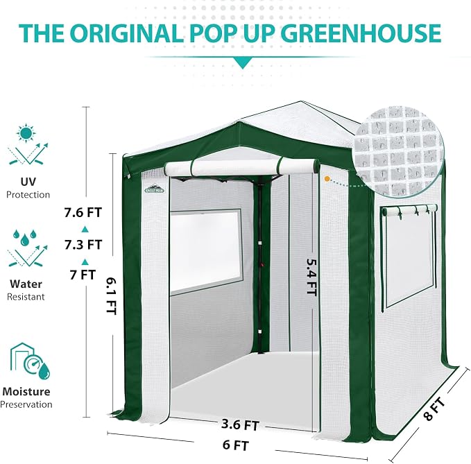 EAGLE PEAK 8x6 Portable Walk in Greenhouse with Polyester Reinforced Corners, Instant Pop Up Indoor Outdoor Gardening Green House, Roll Up Zipper Entry Doors and Mesh Windows, Green/White