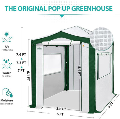 EAGLE PEAK 8x6 Portable Walk in Greenhouse with Polyester Reinforced Corners, Instant Pop Up Indoor Outdoor Gardening Green House, Roll Up Zipper Entry Doors and Mesh Windows, Green/White