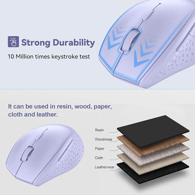 TECKNET Bluetooth Mouse, 4800 DPI Wireless Mouse, 2-Year Battery 6 Adjustable DPI, 6 Buttons Compatible with Laptop/Windows/Computer - Lavender