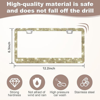 QUANQIUFEI 2 Pack Bling License Plate Frames for Women, Sparkly Rhinestone Diamond Car Accessories with Glitter Crystal Caps (Gold)