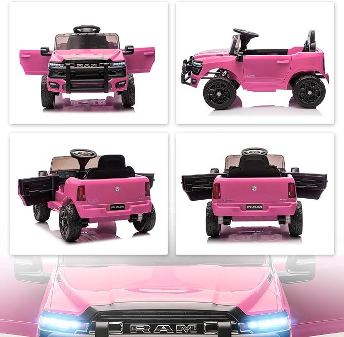 Qaba 12V Kids Ride on Car, Licensed Dodge RAM 3500 Electric Car for Kids with Dual Motors, Parent Remote Control, Rear Suspension, Power Display, Bluetooth Music and LED Lights, Pink