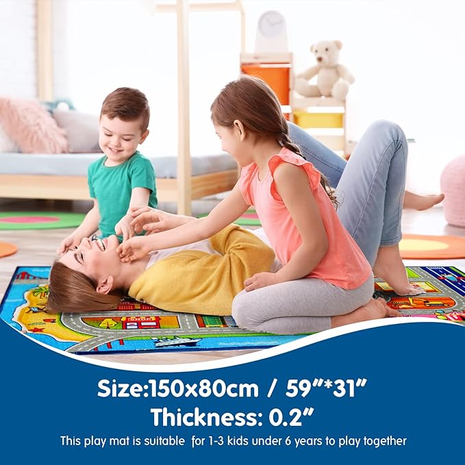 Booooom Jackson Kids Carpet Playmat Rug with 18 Toy Cars Kids Rug for Age 3+ Colorful Non Slip City Rug for Kids Track Rug Play Mat Playroom Bedroom Classroom Nursery Rug