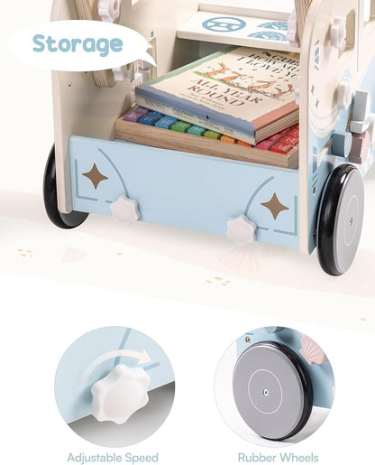ROBOTIME Wooden Baby Walker, Baby Push Walker, Baby Activity Center Toys, Ajustable Speed Multi-Functional Baby Walker with Wheels for Boys and Girls(Vacation Bus)