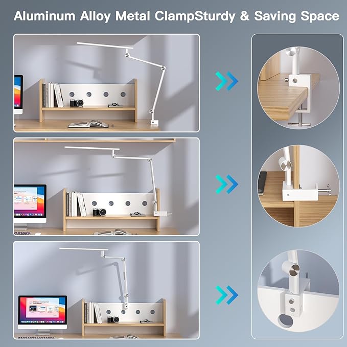LED Desk Lamp, Desk Light for Home Office, Dual Light Source 18W Brightest, Eye-Caring Optical Lens, Office Lamp, 5 Color Modes & Brightness, Aluminum Alloy Drafting Light, Clamp Lamp, White