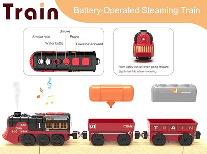 Toy Train Electric Train Set for Wooden Tracks, Christmas Motorized Train Toys for Toddlers, Battery Operated Train Includes Lights, Sounds, Smoke, Steam Train Compatible with Thomas, Brio