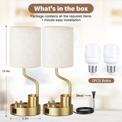 Fenmzee Bedside Lamps for Bedroom Set of 2 - Table Desk Lamp for Nightstand | 15" Table Lamp for Living Room with Pen Holder & Phone Stand, USB A+C Port, AC Outlet, 3 Color Temperature, LED Bulb Included