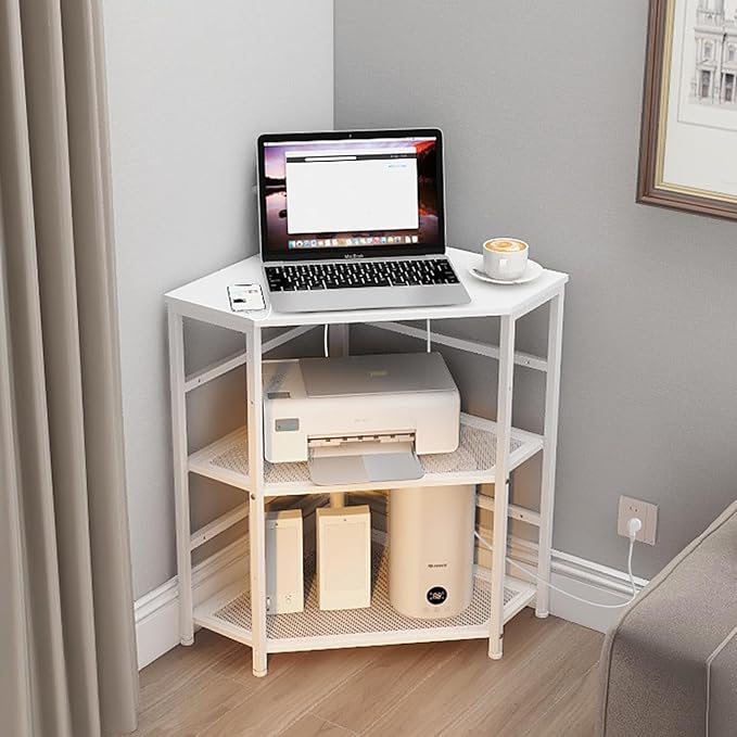 VEDECASA Corner Printer Stand Table with Power Outlet Charging Plugs USB Port Adjustable Storage Shelf Computer Tower CPU Stand Holder for Home Office (White)