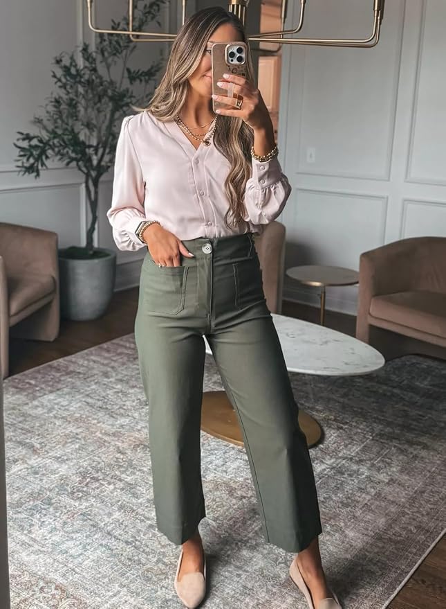 miduo Womens High Waisted Cropped Wide Leg Stretchy Straight Pants Trousers with Pockets
