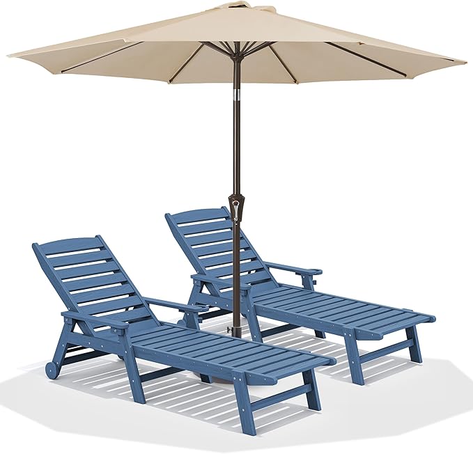 SERWALL Patio Chaise Lounge Chair Set of 2 with 9FT Patio Umbrella, 78'' HDPE Outdoor Lounger, Poly Lounge Chair with Rolling Wheels & Cup Holder for Pool,Blue (Umbreall Base not Included)