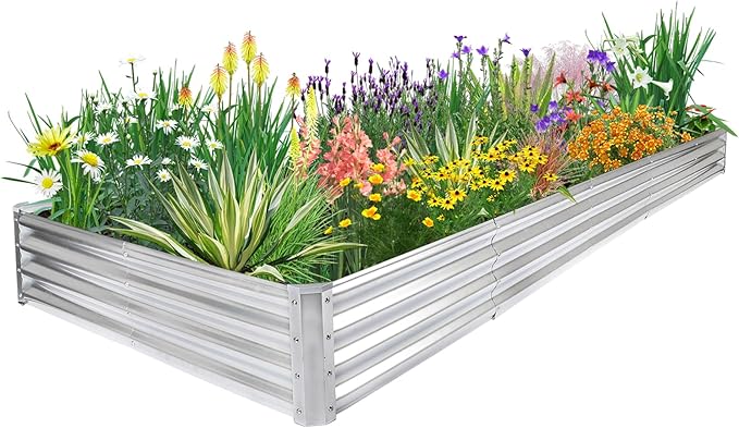 JERIA 12×4×1ft Raised Garden Bed with Support Rods,Galvanized Raised Garden Bed Kit Outdoor Metal Gardening Planter Box for Vegetable, Fruits, Flower