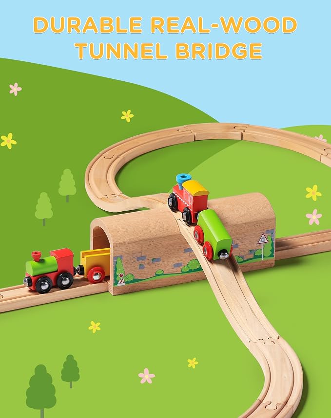 SainSmart Jr. Wooden Train Track Accessories Bridge Tunnel, Wooden Train Track Bridge Compatible with Thomas, Brio, Chuggington, Melissa and Doug, Made of Sturdy Hardwood for Long-Term Play