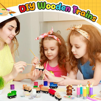 Halloscume 30 Pcs Unfinished Magnetic Wooden Train Cars 5 Styles DIY Unpainted Wood Trains for Paint Crafts Project & Summer Camp, Birthday Party Favors Decorations (Retro)