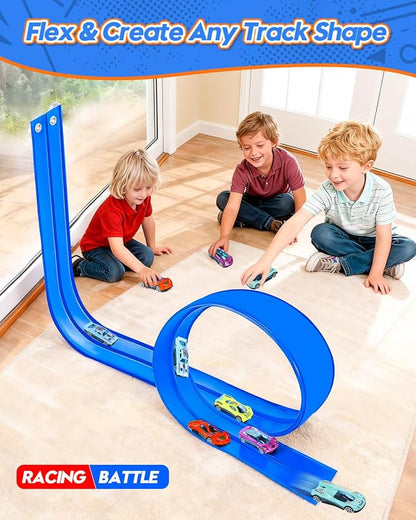 15 Ft Flexible Car Tracks for Kids Age 3 Up, Race Track with 6 Toy Cars, Flex Track Compatible Diecast 1/64 Cars with Suction Cups, Birthday for Boys (Blue)