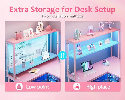 ODK 53" L Shaped Gaming Desk with Shelves, LED & Outlets, Pink | Headset hook. Storage bag. Shelves for makeup & gaming gear. LED for late-night gaming. Reversible. Fits dual monitors.