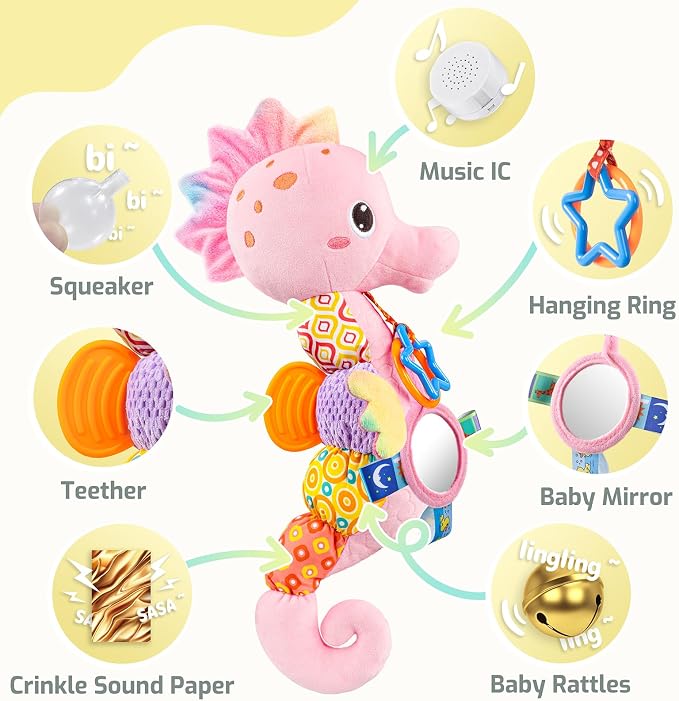 LIGHTDESIRE Baby Toys Sensory Musical Seahorse Infant Toys 0-6-12 Months | Stuffed Animals with Mirror|Crinkle|Rattle Baby Teething Toys Tummy Time for Newborn Boys Girls Shower Birthday Gifts