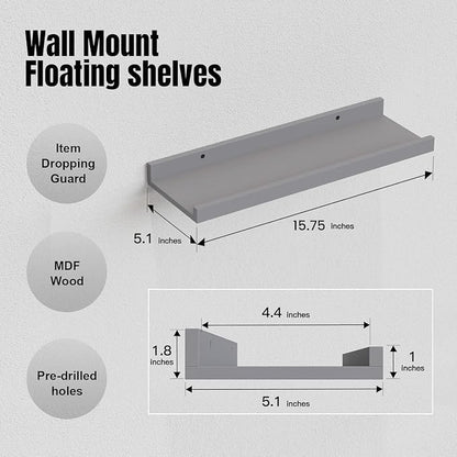 RICHER HOUSE Mounted Shelves for Wall Decor, Modern Picture Ledge Shelf with Lip for Wall Storage Nursery, Bedroom, Living Room, Bathroom - Grey | Display Picture Ledge Shelf, Anti-drop lip Shelf for Room Wall Decor, Bedroom Bathroom Storage Nursery Bo...