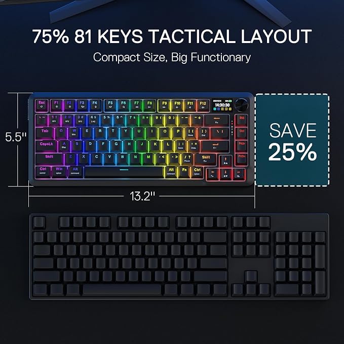Redragon K724 PRO Wireless 81-Key Gasket Gaming Keyboard with Screen & Knob | Easy-Control LED Info Display, 0-Delay Tri-Mode, Cushioned 5-Layer Noise Dampening for Creamy Thocky Sound, Compact 80% Size