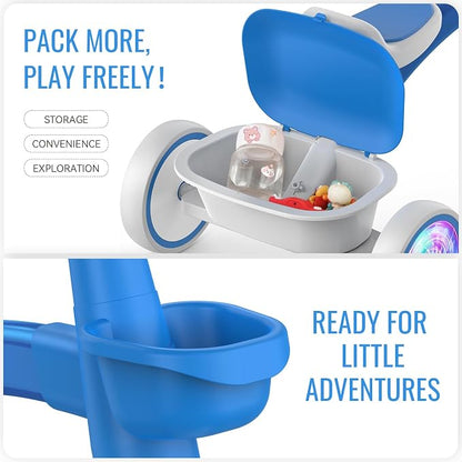SEREED Colorful Lighting Toddler Tricycle for 2-5 Years Old Boys Girls, Adjustable Seat&Handlebar Trike, Removable Basket, Birthday Gift Idea for Kids Ages 2+ (Blue)
