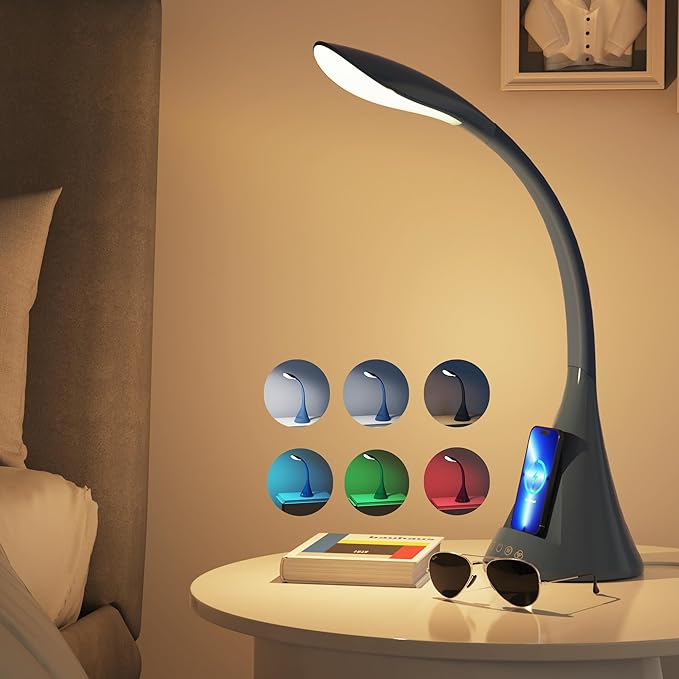 Modern Heavy Duty Bright LED Desk Lamp for Home Office, Wireless Charging, Touch Table Lamp, Adjustable Neck & Height, 5 Brightness Level, 3 Light Temps, 56 LEDs & 4 Years Lifespan (Gray)