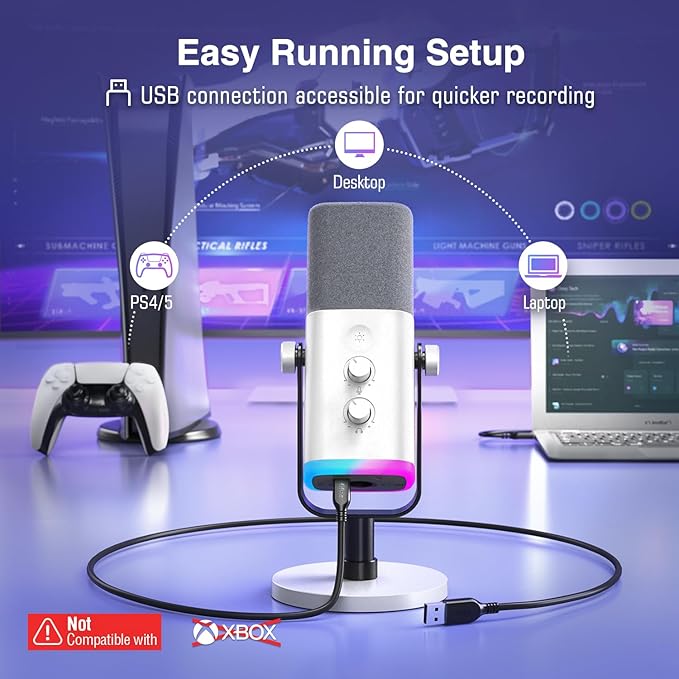 FIFINE AmpliGame AM8W XLR/USB Gaming Microphone for Streaming Podcasting | Dynamic PC Computer RGB Mic, with Gain Knob, Mute Button, Monitoring Jack, for Gamer Recording Video Creation, White