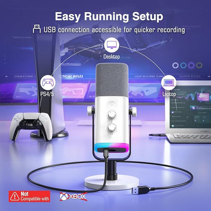FIFINE AmpliGame AM8W XLR/USB Gaming Microphone for Streaming Podcasting | Dynamic PC Computer RGB Mic, with Gain Knob, Mute Button, Monitoring Jack, for Gamer Recording Video Creation, White
