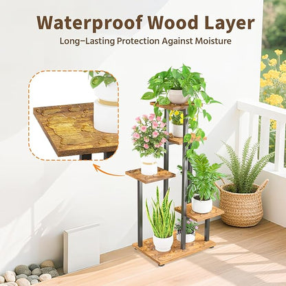 LASZOLA Black 5 Tiered Wood Plant Stand Indoor for Large Heavy Duty Planter, Sturdy Multi Level Corner Vertical Flower Rack for Narrow House, Rustic Tall Orchid Shelving Holder for Decor, Space Saving