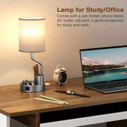 Fenmzee Bedside Lamps for Bedroom Set of 2 - Table Desk Lamp for Nightstand | 15" Table Lamp for Living Room with Pen Holder & Phone Stand, USB A+C Port, AC Outlet, 3 Color Temperature, LED Bulb Included