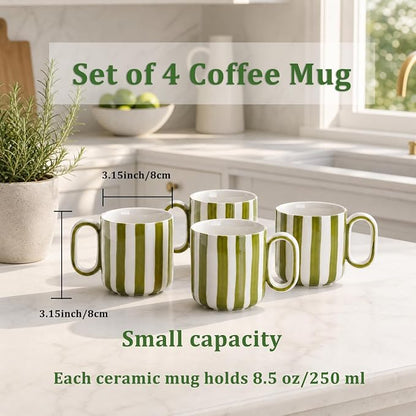 Ceramic Coffee Mugs Set of 4, 8.5 oz Stoneware Coffee Cups with Handle | Small Aesthetic Green Stripe Latte Tea Mug for Latte Tea Hot Chocolate, Microwave and Dishwasher Safe (8.5 oz)