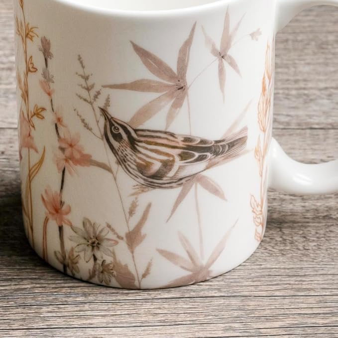Maison d' Hermine Coffee Mug with Handles Tea Cups (15 Ounce, Pack of 1) | Fine Bone China Coffee Mugs for Hot Beverages Cappuccino Latte Home Spring Summer -Meadow Florals - Beige - Meadow Morning