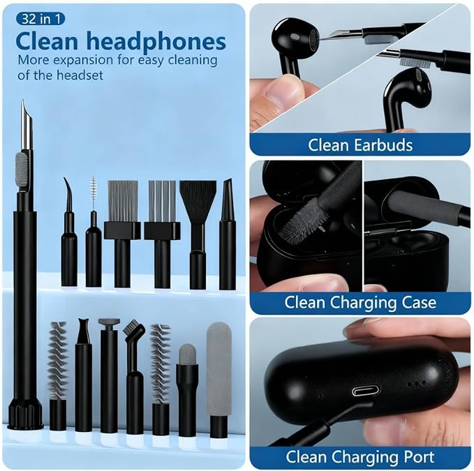 Inesore 32 in 1 Phone Cleaning Kit for iPhone AirPods MacBook Earbuds-Black | 32 tools for iPhone, AirPods, iPad, MacBook, keyboards, earbuds and camera lens; charging port, speaker and screen cleaning