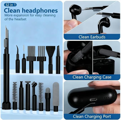 Inesore 32 in 1 Phone Cleaning Kit for iPhone AirPods MacBook Earbuds-Black | 32 tools for iPhone, AirPods, iPad, MacBook, keyboards, earbuds and camera lens; charging port, speaker and screen cleaning