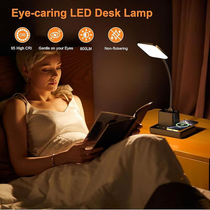 Wireless Charging Desk Lamp USB Charging & Pen Holder, Matte Black | CRI 95, 800LM, Stepless Dimming, 3 Modes, 360°Flexible Arm, Touch, Study Table Lamp for Home Office, Dorm Room, with Adapter