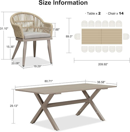 PURPLE LEAF 16 Pieces Patio Dining Set with Aluminium Outdoor Dining Table and Wicker Chairs Modern Furniture Cushions Sets for Backyard Decor Indoor Kitchen Champagne