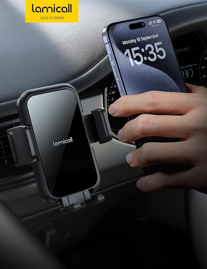 Lamicall 2026 Wider Clamp & Metal Hook Car Phone Holder Vent [Thick Cases Friendly] Phone Holders for Your Car Mount Automobile Hands Free Cradle Air Vent for iPhone 17 16 15 Pro Max Lucite Black
