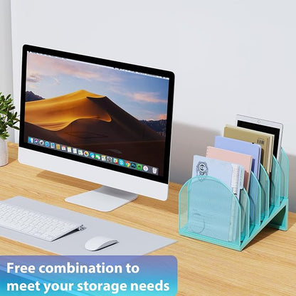 gianotter Desktop File Organizer with 5 Compartments | Desk Organizer Paper Organizer for Desk Workspace Organizers for Office Supplies (Blue, Inclined Style)