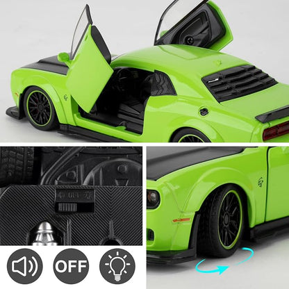 WAKAKAC Toy Cars Compatible for 1:32 Dodge Challenger SRT Hellcat Model Cars, Pull Back Die-cast Vehicles, Collectible Cars with Sounds＆Lights for Kids Boys Girls and Adults, Gift Green