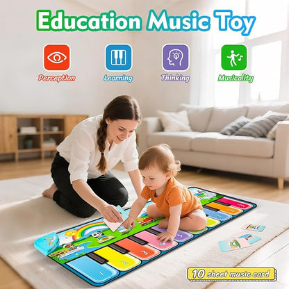FUCEORUY Piano Mat Musical Toys for Toddlers 1-3, Sensory Learning Toy Floor Piano Playmat Toys for 1 2 Year Old Boy Girl Gifts, with 7 Animal, 7 Vehicle & 10 Songs Sound (Kids Edition)