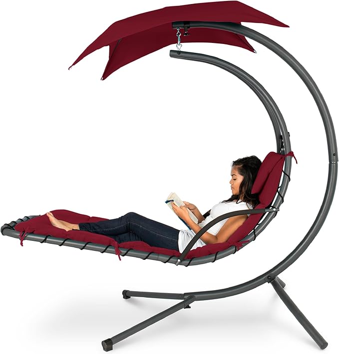 Best Choice Products Outdoor Hanging Curved Steel Chaise Lounge Chair Swing w/Built-in Pillow and Removable Canopy - Burgundy