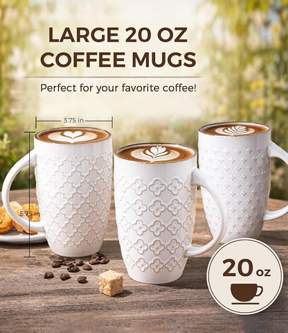 AmorArc Large Coffee Mugs Set of 6, 20oz Tall Coffee Mugs Set | with Texture Patterns for Cappuccino, Latte,Hot Cocoa, Dishwasher & Microwave Safe-Off White