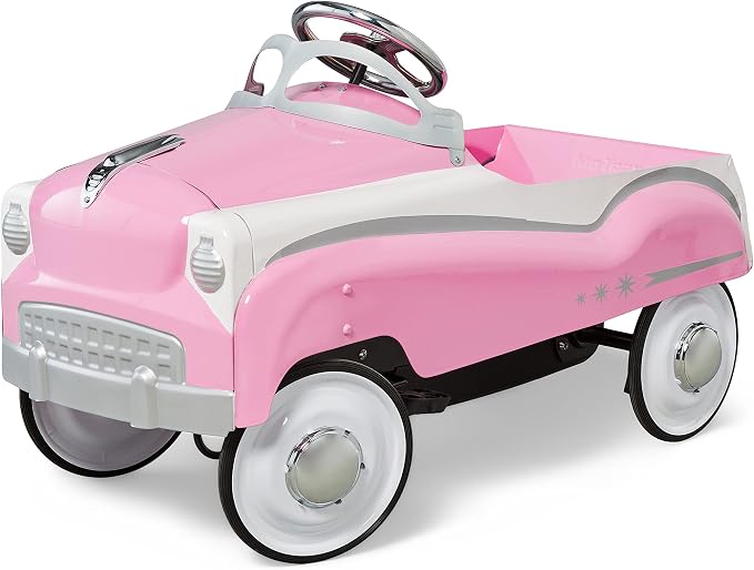 Kid Trax Classic Pink Pedal Car for Girls, Ages 3-5, Durable Steel, 60lbs Max, Easy Assemble, Indoor/Outdoor Ride-On Toy, Toddler Ride-On, Vintage Style, Rubber Tires, Functional Steering