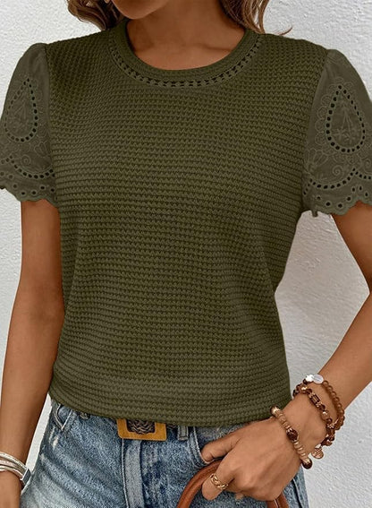 SHEWIN Womens Frenchy Summer Tops Crewneck Short Sleeve T Shirts Casual Waffle Knit Jacquard Blouses Top Shirts