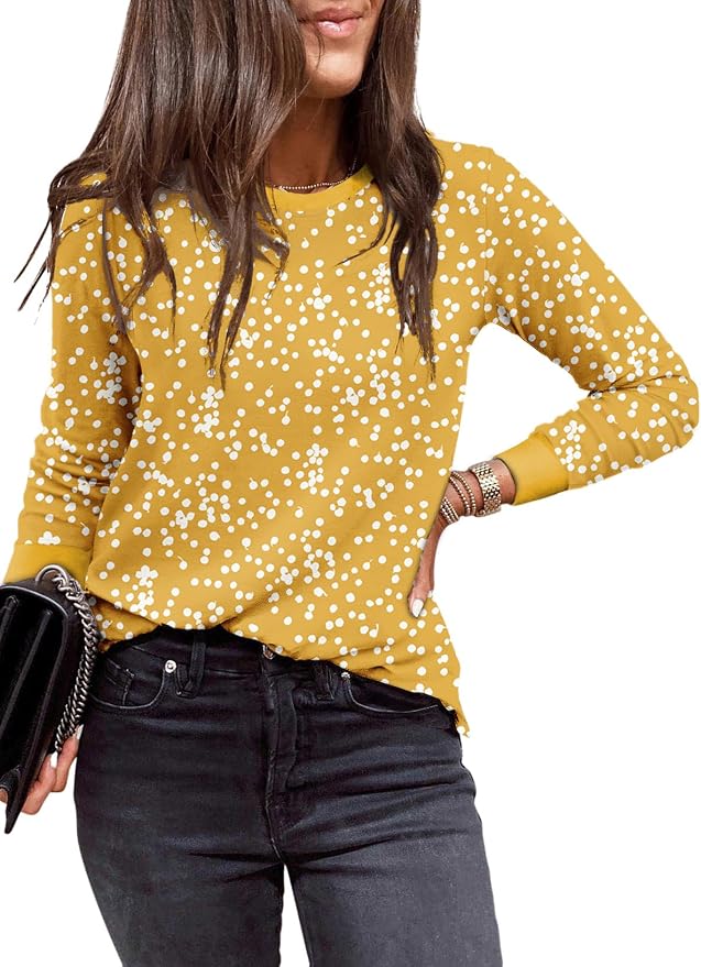 EVALESS Womens Crewneck Long Sleeve Tops Casual Polka Dots Tops Fall 2026 Tshirts Shirts