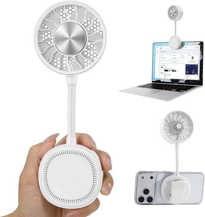 Magnetic Phone Fan with Ice Cooling, 3-in-1 Clip on Fan & Phone Stand, Rechargeable Mini Handheld Fan, 360° Flexible Gooseneck Portable Fan for Cruise Travel Desk Gym Makeup（White）
