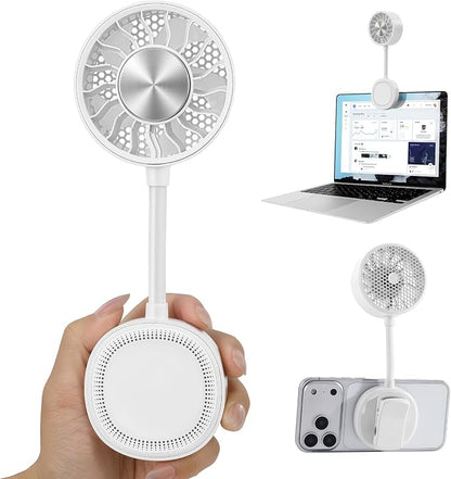 Magnetic Phone Fan with Ice Cooling, 3-in-1 Clip on Fan & Phone Stand, Rechargeable Mini Handheld Fan, 360° Flexible Gooseneck Portable Fan for Cruise Travel Desk Gym Makeup（White）