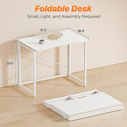 Huuger Folding Desk for Small Spaces, 31.5 Inch Foldable Computer Table, Easy Assembly, for Home Office, Study, Bedroom, Dorm, Space Saving, Small Writing Work Office Computer Desk, White